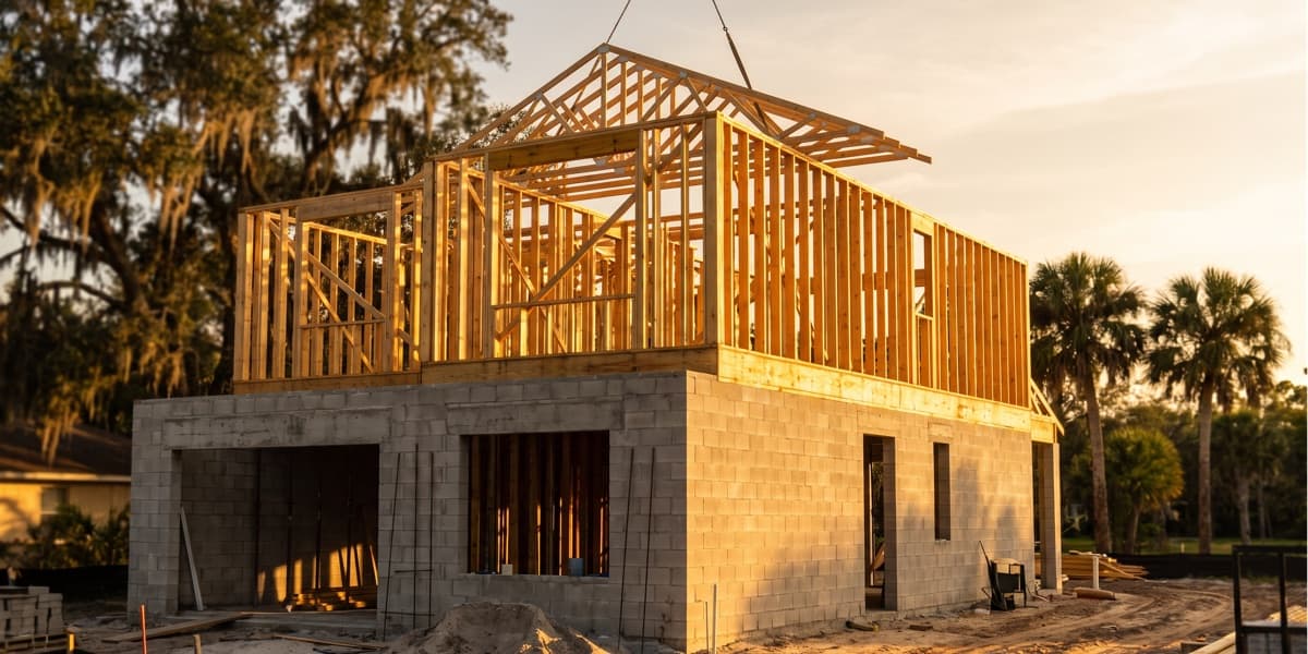 Ground-up residential framing at golden hour, roof trusses being set on a Florida lot